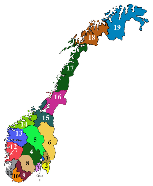 Pre-2020 Fylke map of Norway